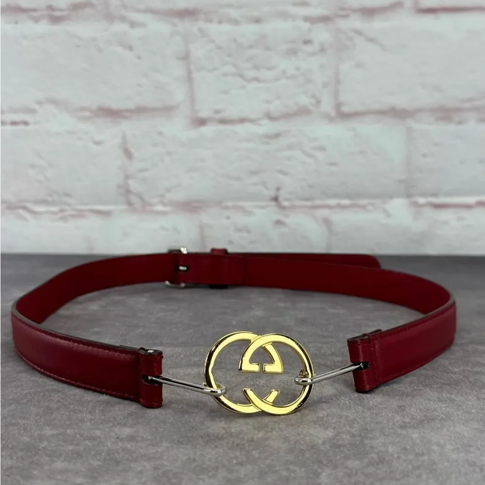 Gucci Red Leather Belt Interlocking Gold Buckle 636902 75/30